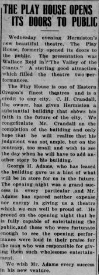 A black-and-white newspaper clipping announcing the opening of the Hermiston Playhouse.