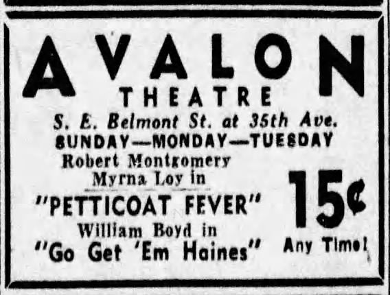 Programming and Ticket Prices For Avalon in 1936