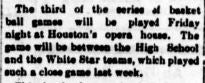 Basketball game at Houston's Opera House, 1908