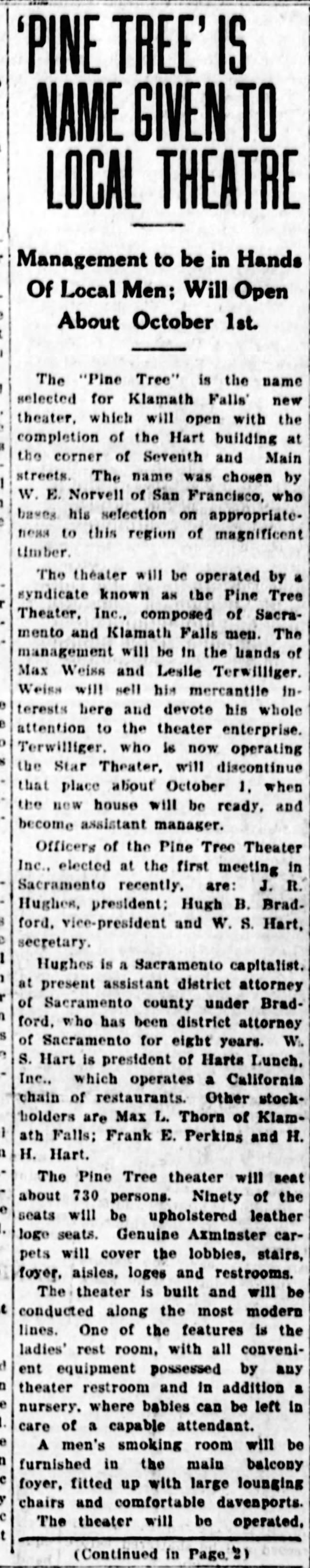 Construction and ownership of the Pine Tree theater, 1922