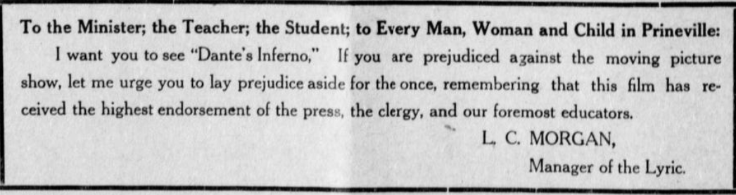 Morgan's personal ad in the paper to go see Dante's Inferno at the Lyric.