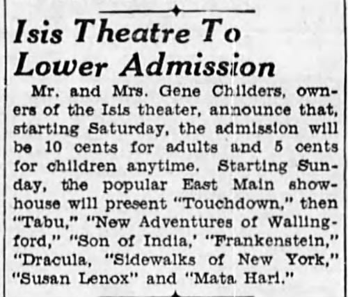 Lower prices at the Isis, 1932