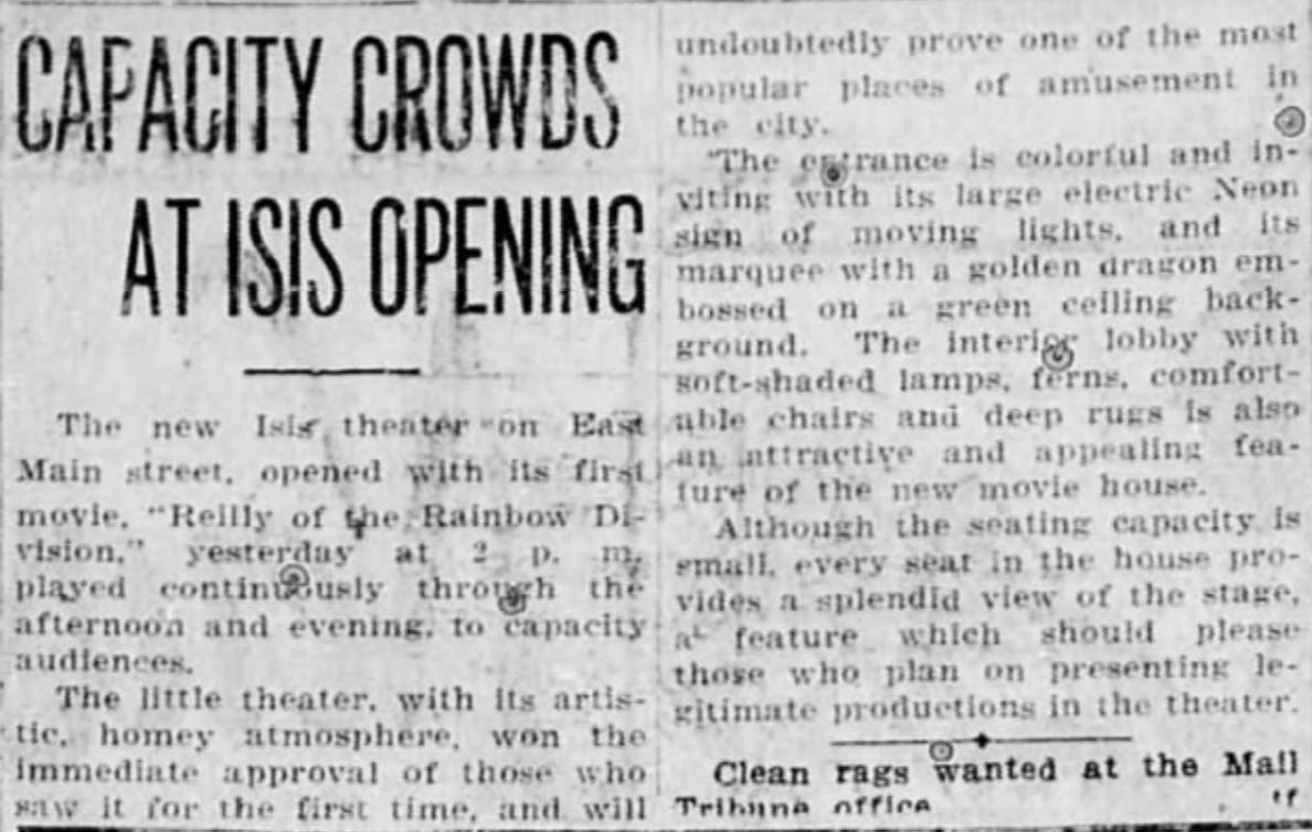 Isis theater opens, 1929
