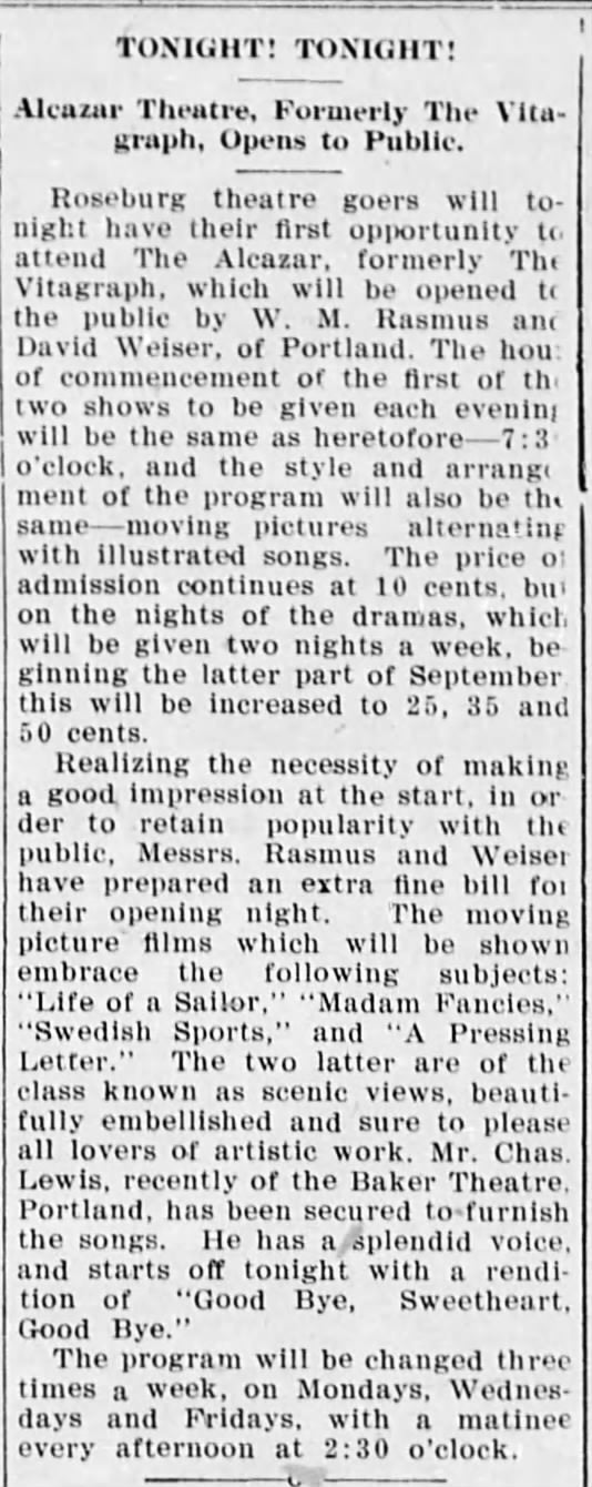 Alcazar theater opens, 1908