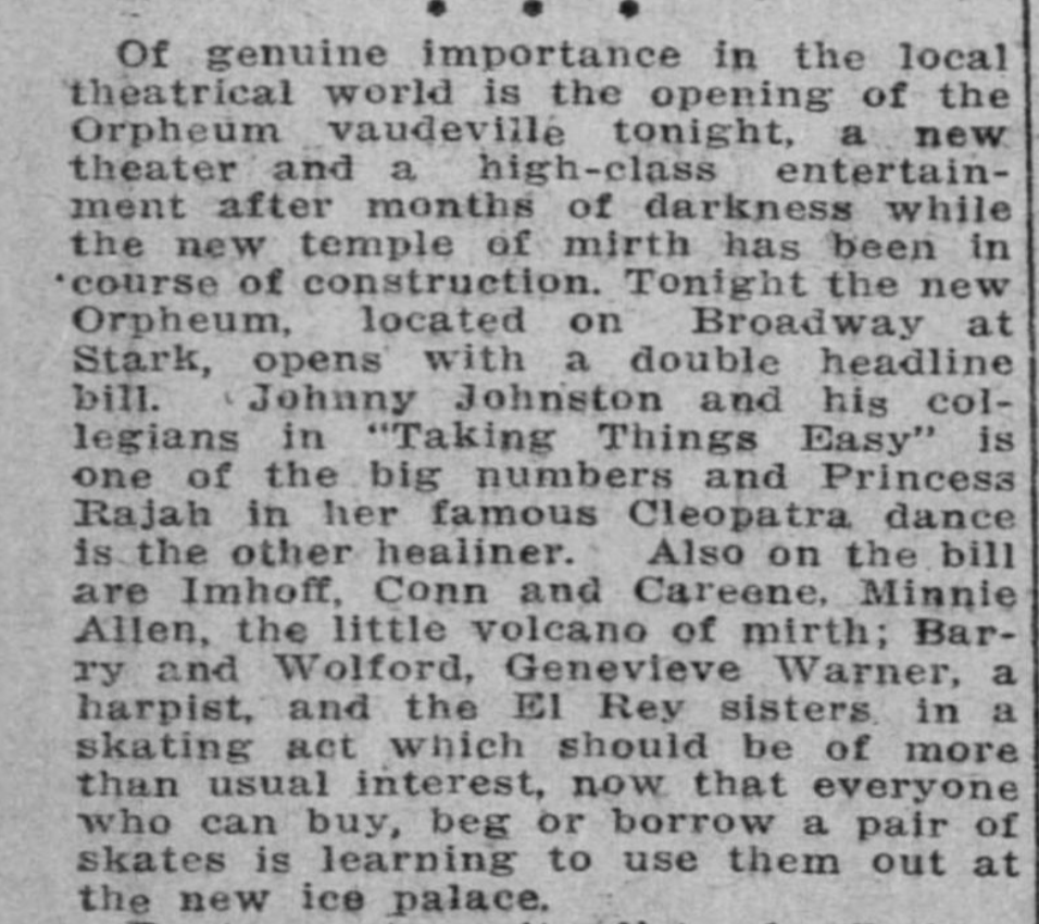 The Orpheum theater advertises an ice skating act in conjunction with the newly opened Ice Palace.