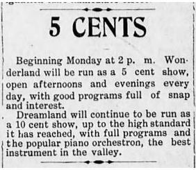 Prices at the Wonderland, 1908