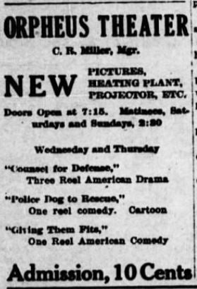 Program at the Orpheus theater, 1915