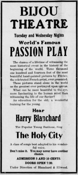 Ad for a possibly reopened Bijou, 1910