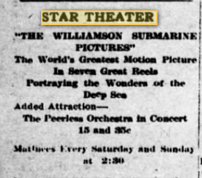 Ad for submarine movies at the Star theater, 1915