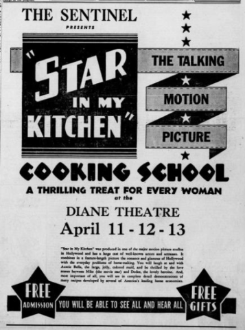 A newspaper advertisement for "Star in My Kitchen" motion picture cooking school at the Diane Theatre, 1938