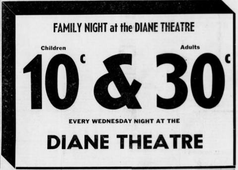 Newspaper advertisementn for the Diane Theatre, 1955.