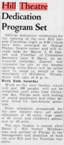 “Hill Theatre Dedication Program Set.” The Hillsboro Argus, 23 Dec. 1937, p. 1.