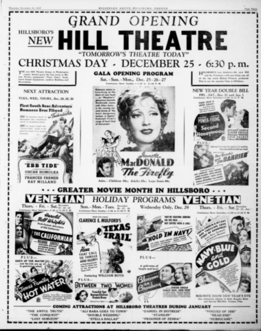 “Grand Opening Hillsboro’s New Hill Theatre.” The Hillsboro Argus, 25 Dec. 1937, p. 11.