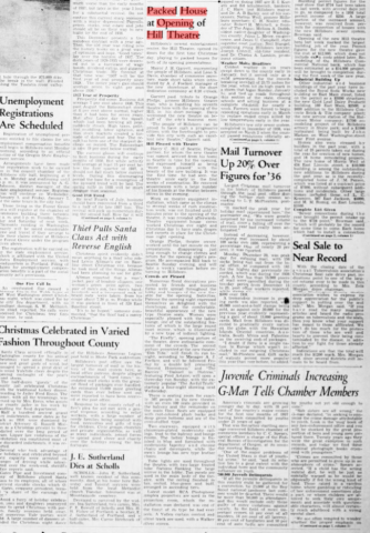 “Packed House at Opening of Hill Theatre.” The Hillsboro Argus, 30 Dec. 1937, p. 1.