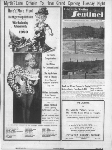 Newspaper Ad for the Myrtle Lane Drive-In's First Grand Opening/Construction Progress