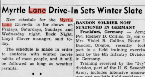 Newspaper Article about the Myrtle Lane Drive-In's Closure for the Winter Season 