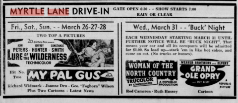 Newspaper Ad for the Myrtle Lane Drive-In's First Ever "Buck Night"