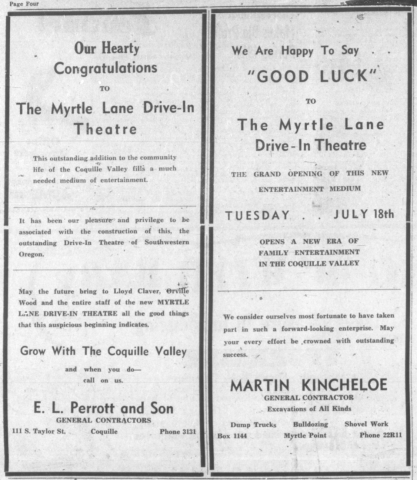 Newspaper Ad for the Grand Opening of the Myrtle Lane Drive-In 