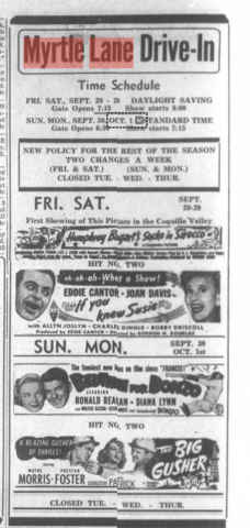 Newspaper Ad Highlighting the Myrtle Lane Drive-In's Seasonal Policy Changes