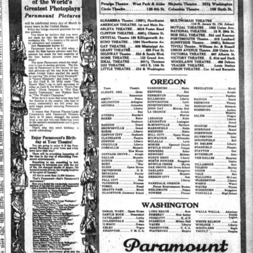 The full advertisement and listing of: theaters, actors, actresses, and program.