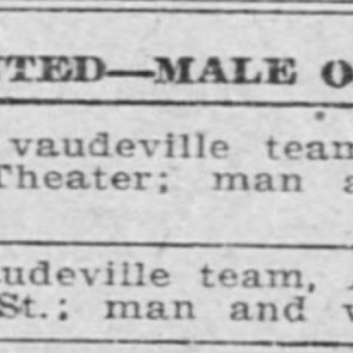 Help Wanted advertisement for a vaudeville team