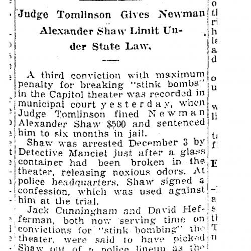 News clipping describing the arrest and trial of a stink bomber