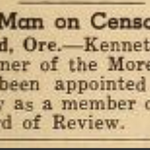 Clipping saying the theater owner is on the censorship board
