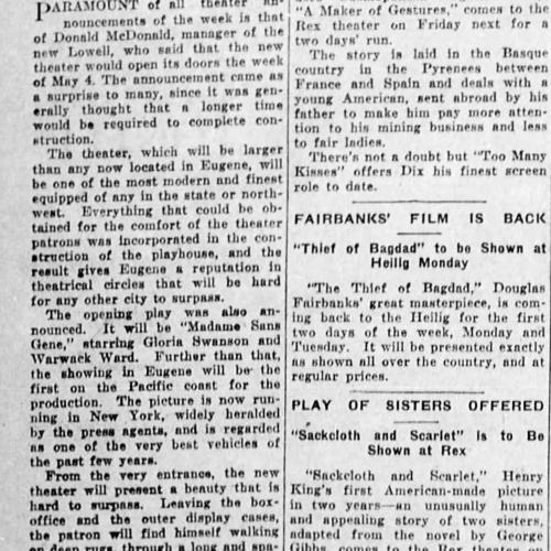Eugene Guard article announcing the opening of the Lowell Theater