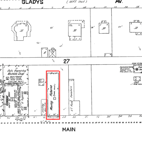 Sanborn Fire Insurance Map showing a section of Main Street, with a theater building labeled "Moving Pictures" outlined in red.