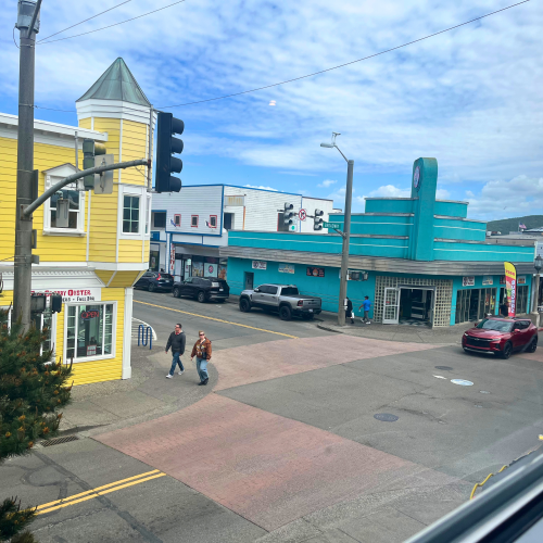 The corner of Broadway and N Columbia where the Times is located, seen through the window