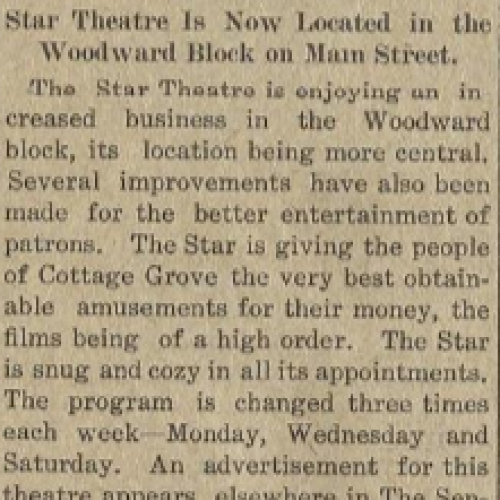 A news item reporting the new location of the Star Theatre in Cottage Grove, Oregon, Nov. 1909.