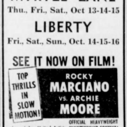 Newspaper clipping showcasing the screening of the Marciano-Moore fight at the Myrtle Lane Drive-In from The Coquille Valley Sentinel, 1955