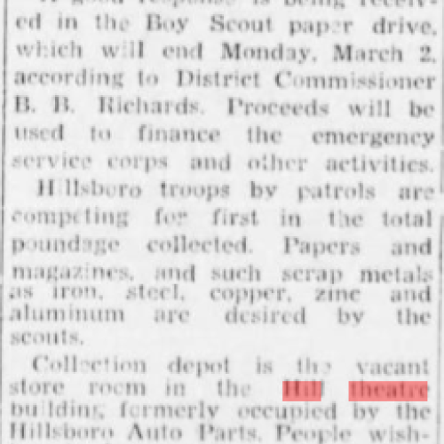 Ad for Scrap Drive taking place in the Hill Theatre building 
