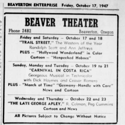 Program for the Beaver Theatre 