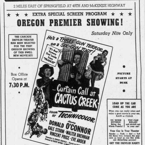 A newspaper clipping from The Register-Guard advertising the opening of the Cascade Drive-In Theatre just outside of Springfield.