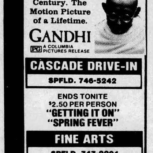 A newspaper clipping from The Register-Guard advertising the Cascade Drive-In Theatre's double feature of "Getting it On" and "Spring Fever" with the message "ENDS TONITE".