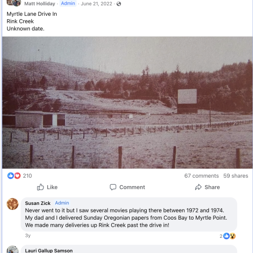Facebook post detailing when someone saw a movie at Myrtle Lane Drive-In in 1974