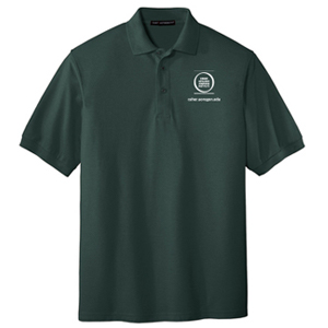 Front view of the men’s short sleeve dark green polo shirt with collar and three buttons at top. OLLI-UO logo in white is at the upper left side of the front.