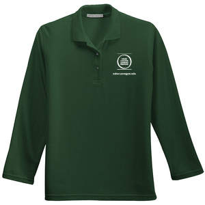 Front view of the ladies’ long sleeve dark green polo shirt with collar and three buttons at top. OLLI-UO logo in white is at the upper left side of the front.