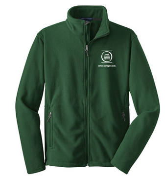 Front view of the men’s long sleeve forest green fleece zipper jacket with the OLLI-UO logo in white on the upper left side of the front.
