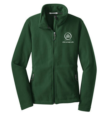 Front view of the ladies’ long sleeve forest green fleece zipper jacket with the OLLI-UO logo in white on the upper left side of the front. Waste is tapered.