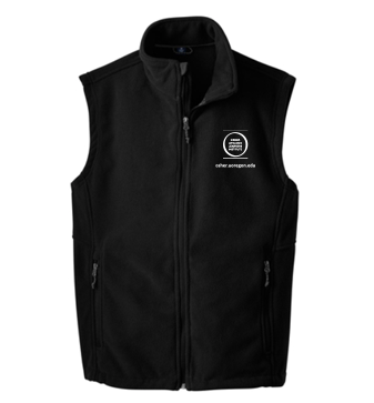 Front view of the men’s black fleece zipper vest with the OLLI-UO logo in white on the upper left side of the front.