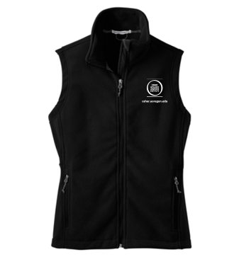 Front view of the ladies’ black fleece zipper vest with the OLLI-UO logo in white on the upper left side of the front. Waste is tapered.
