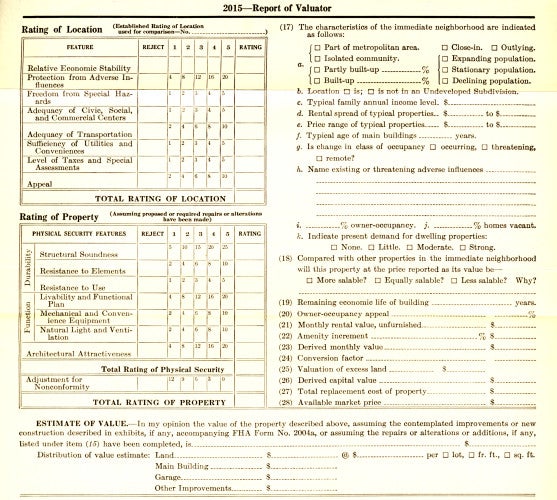 FHA Valuator Form from 1938 FHA Appraising Manual