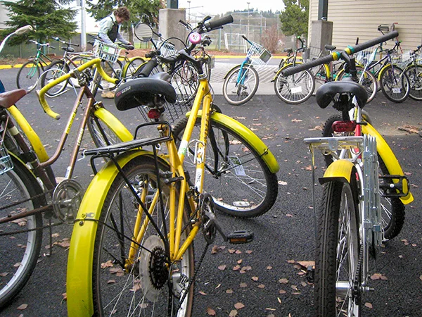Bicycles lined up to be rented.