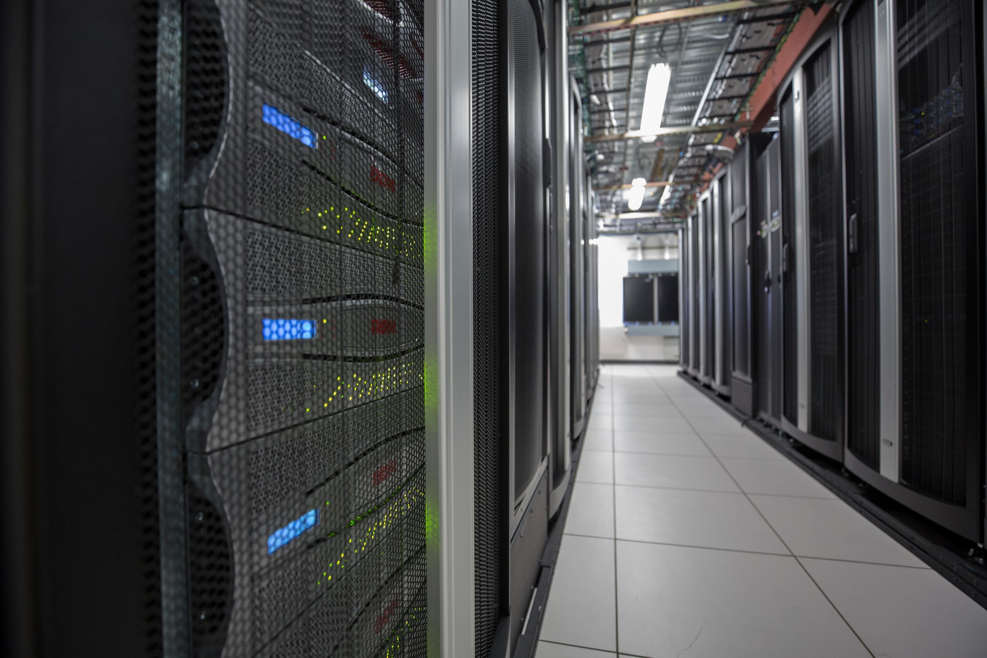 Servers line both sides of a hallway in Allen Hall.