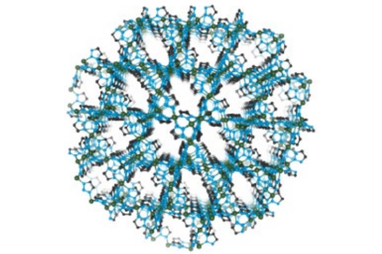 A schematic representation of an MOF nanoparticle comprising an iron-1,2,3-triazolate MOF