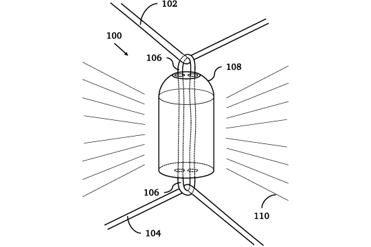 A drawing of a lantern lantern suspended from two ropes under high tension.