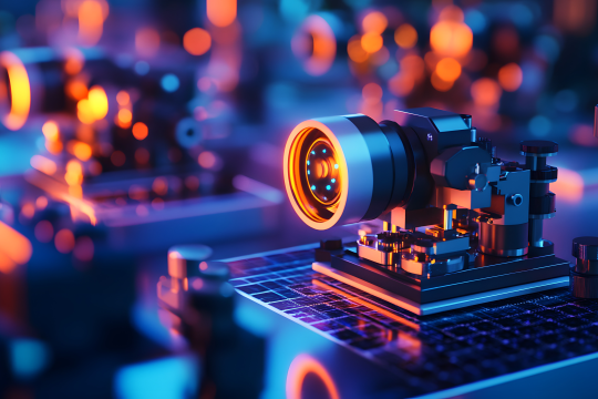 Close-up of a precision optical or imaging instrument mounted on a laboratory platform.