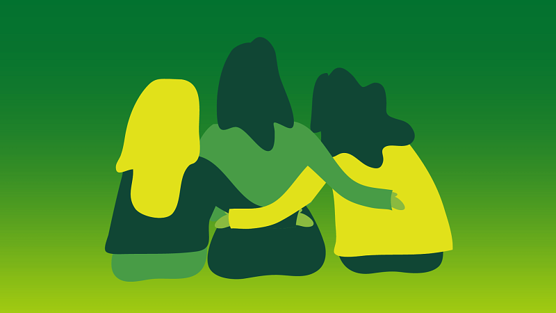graphic of people sitting with arms around each other, supporting each other